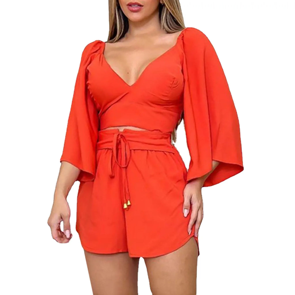 muslin suit for women V Neck Backless Flared Sleeve Shirt High Waist Shorts Fashion Casual Suit conjunto verano mujer