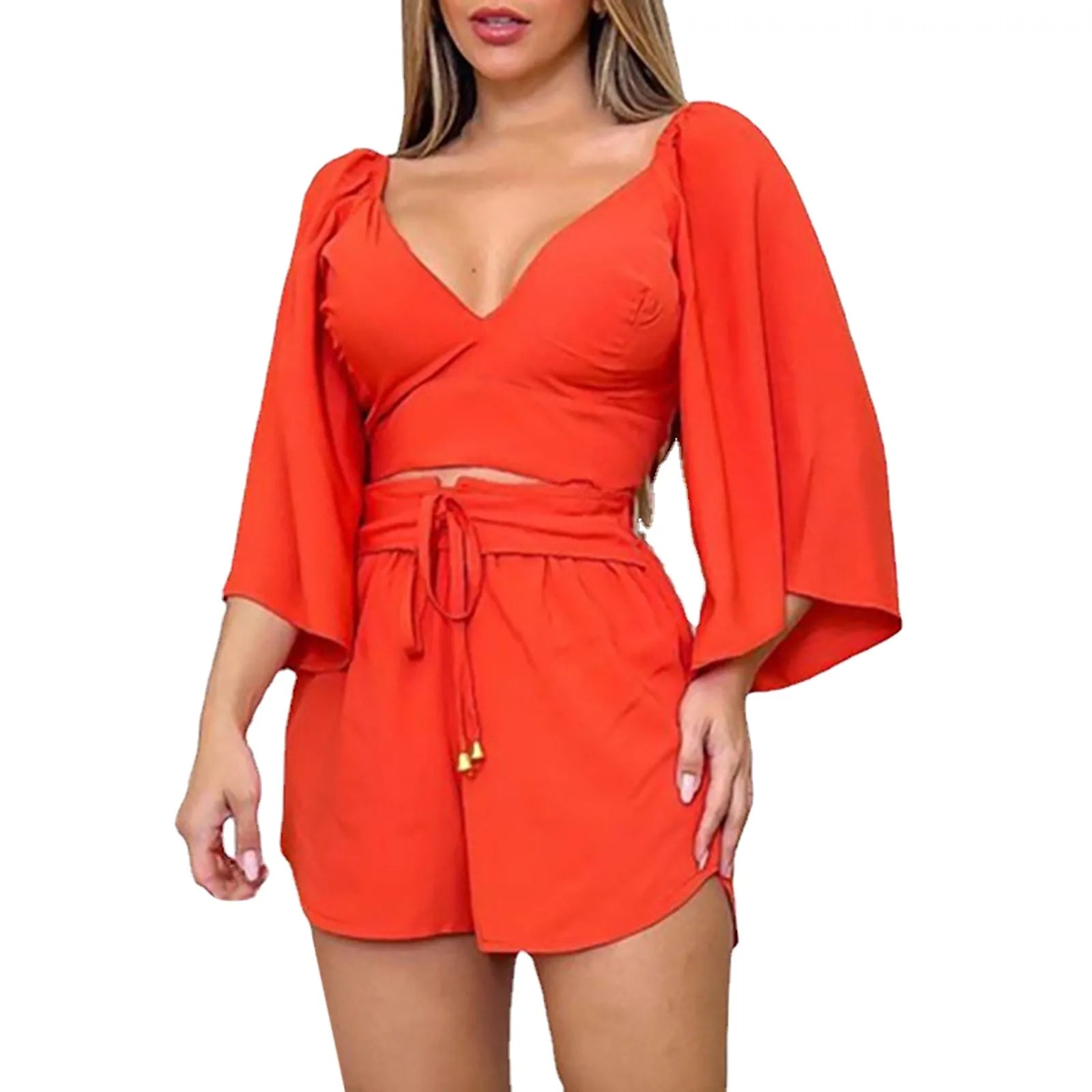 muslin suit for women V Neck Backless Flared Sleeve Shirt High Waist Shorts Fashion Casual Suit conjunto verano mujer