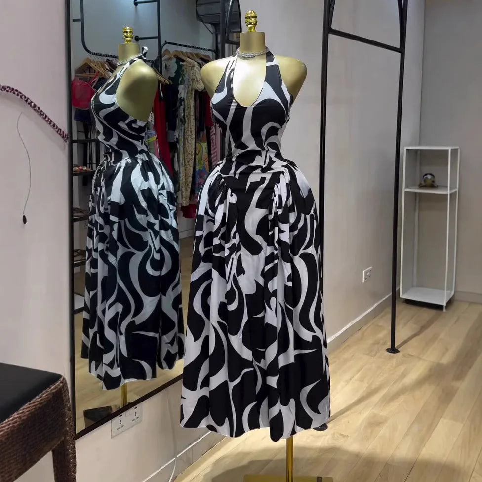 Fashion African Digital Printed Halter Neck Long Dresses European And American Ladies New Style Casual Zebra Print Sexy Dress