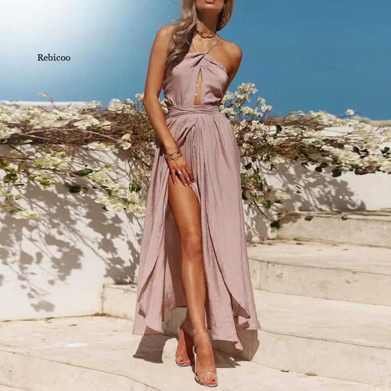 New Women Summer Boho Maxi Long Dress Evening Party Beach Dresses Sundress Backless Halter Dress Summer