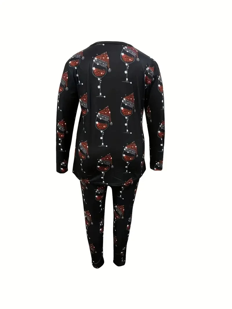 Plus Size Women's Casual Suit, Fashionable Tall Wine Glass Print Two-Piece Set