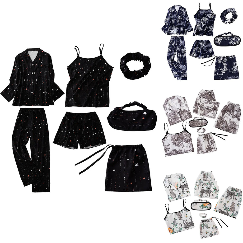 7pcs Women Pajamas Set Cotton Autumn Winter Homewear Suit Spring Summer Girls Sexy Pijama Tracksuit Elegant Female Loungewear