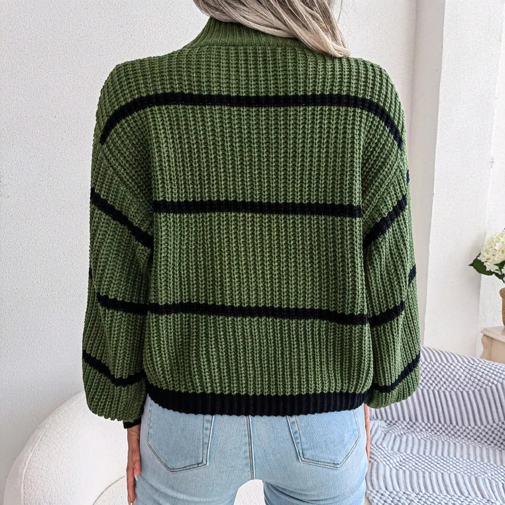 Autumn Winter Stripe Sweaters Pullovers Women New Solid Color Long Sleeved Jumpers Fashion High Neck Warm Pullover Knitwears Top