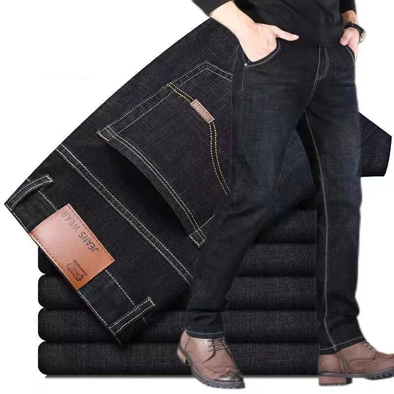 Autumn Classic Men's Fitted Stretch Jeans Business Casual Cotton Denim Straight Leg Pants Male Black Blue Trousers