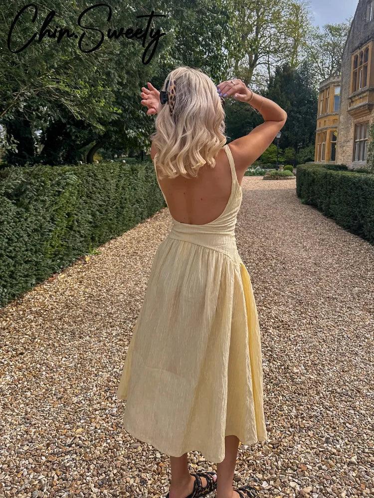 Elegant Pleated Long Dress Women Slim Square Neck Backless Sleeveless Female Sling Dresses 2025 Summer Lady Solid A-line Robe