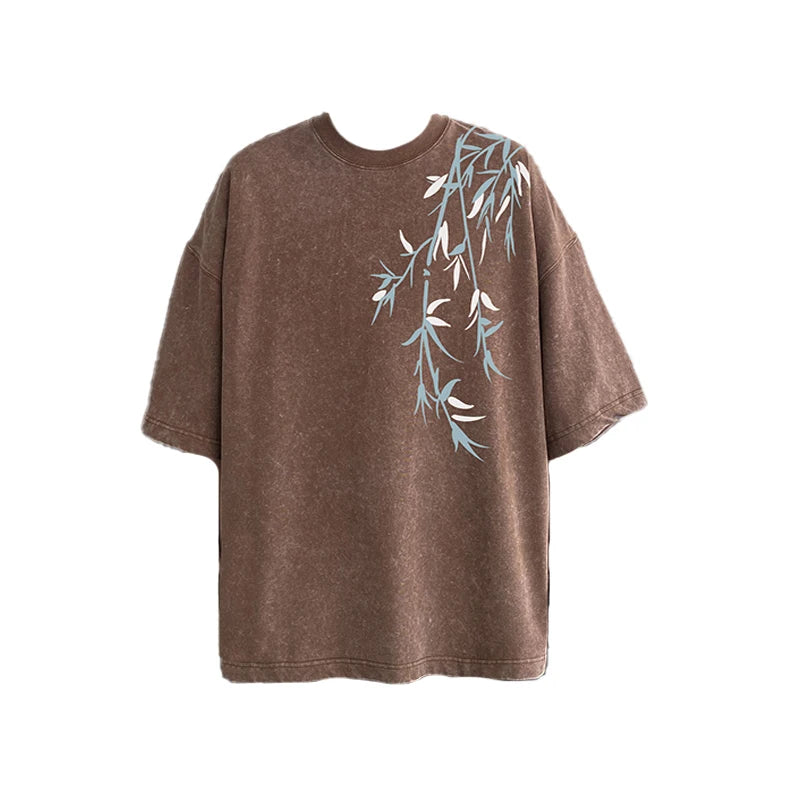 Bamboo Leaf Pattern Short Sleeve Heavy Fabric Acid Washed Men's T-shirt Men Woman Streetwear Oversized Loose Tops Summer Tees