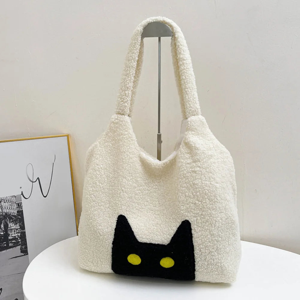 Women Lambs Wool Tote Handbag Large Capacity Plush Tote Bag Cute Cat Satchel Bag Fluffy Purse Shopping Dating Bag