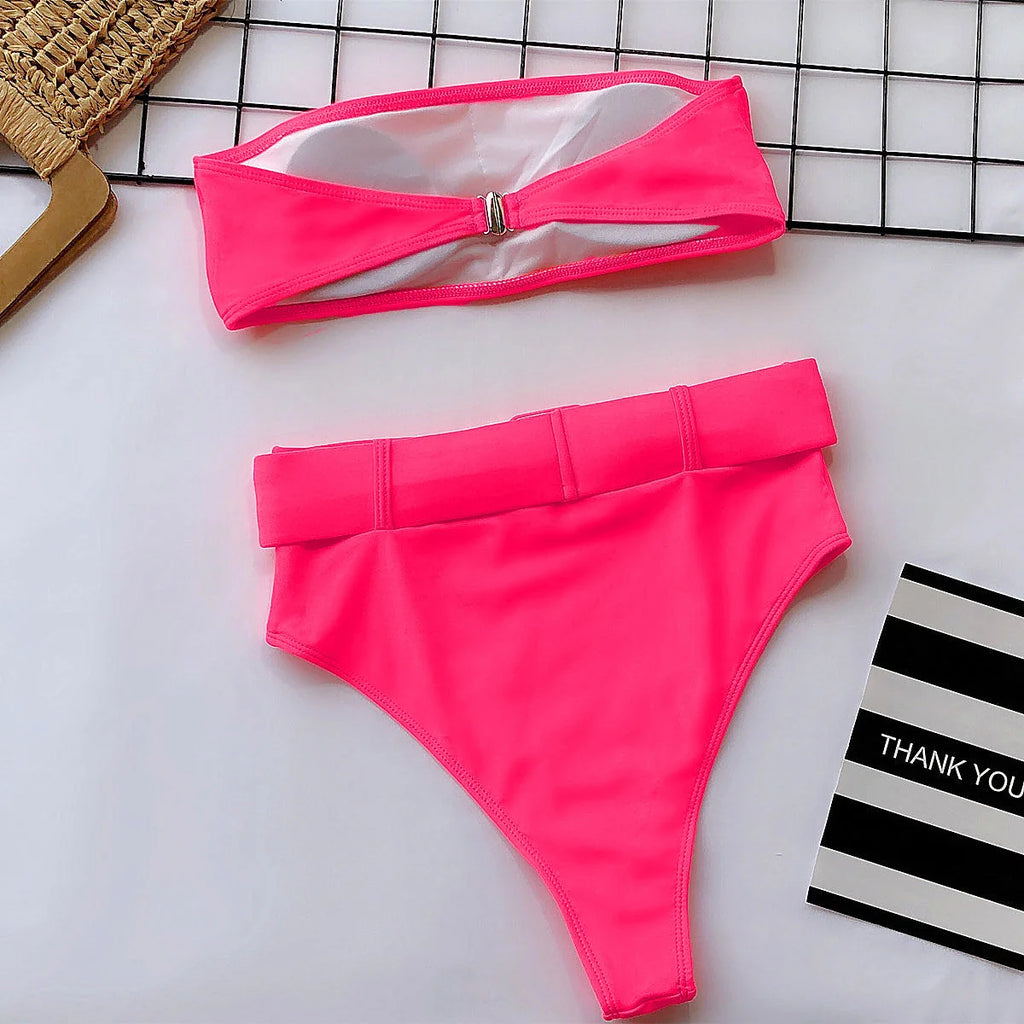 2023 Swimsuit Women Neon Green Strapless High Waist Bikini Beach Bathing Suit Waist Buckle Swimwear Maillot De Bain Femme XMB10