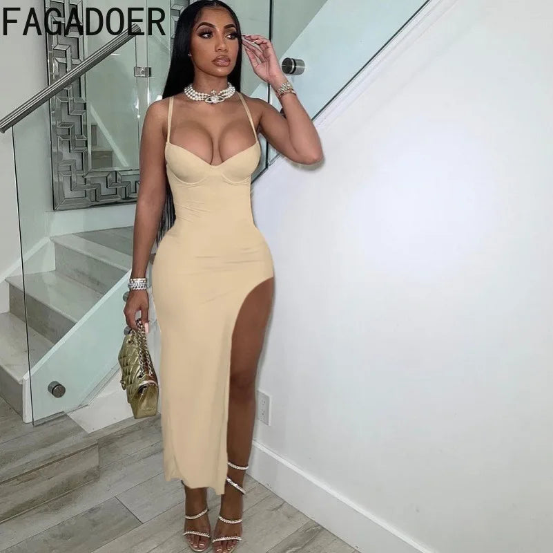 FAGADOER Sexy High Slit Bodycon Long Dress Women Solid Color Spaghetti Strap Backless Dresses Female Streetwear Vestidos 2025
