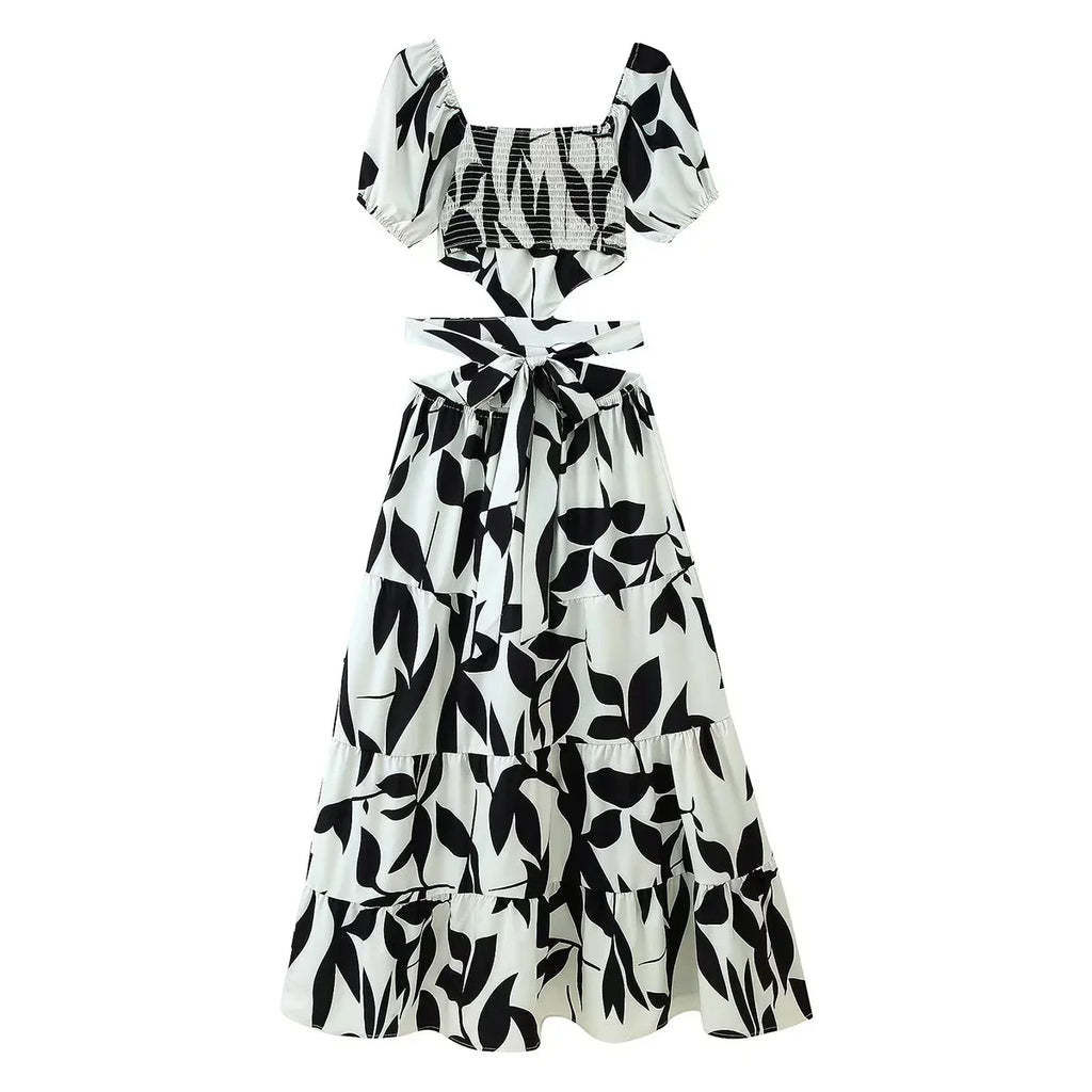 TRAF Elegant Off Waist Dresses For Women Fashion Printed Short Sleeve Dress Lace Up Slim Long Dress Temperament Party Dresses