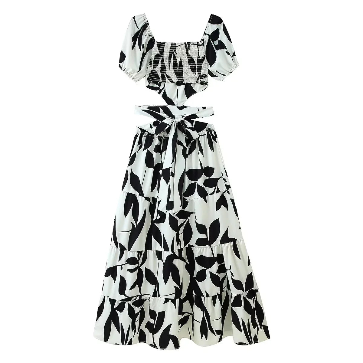 TRAF Elegant Off Waist Dresses For Women Fashion Printed Short Sleeve Dress Lace Up Slim Long Dress Temperament Party Dresses