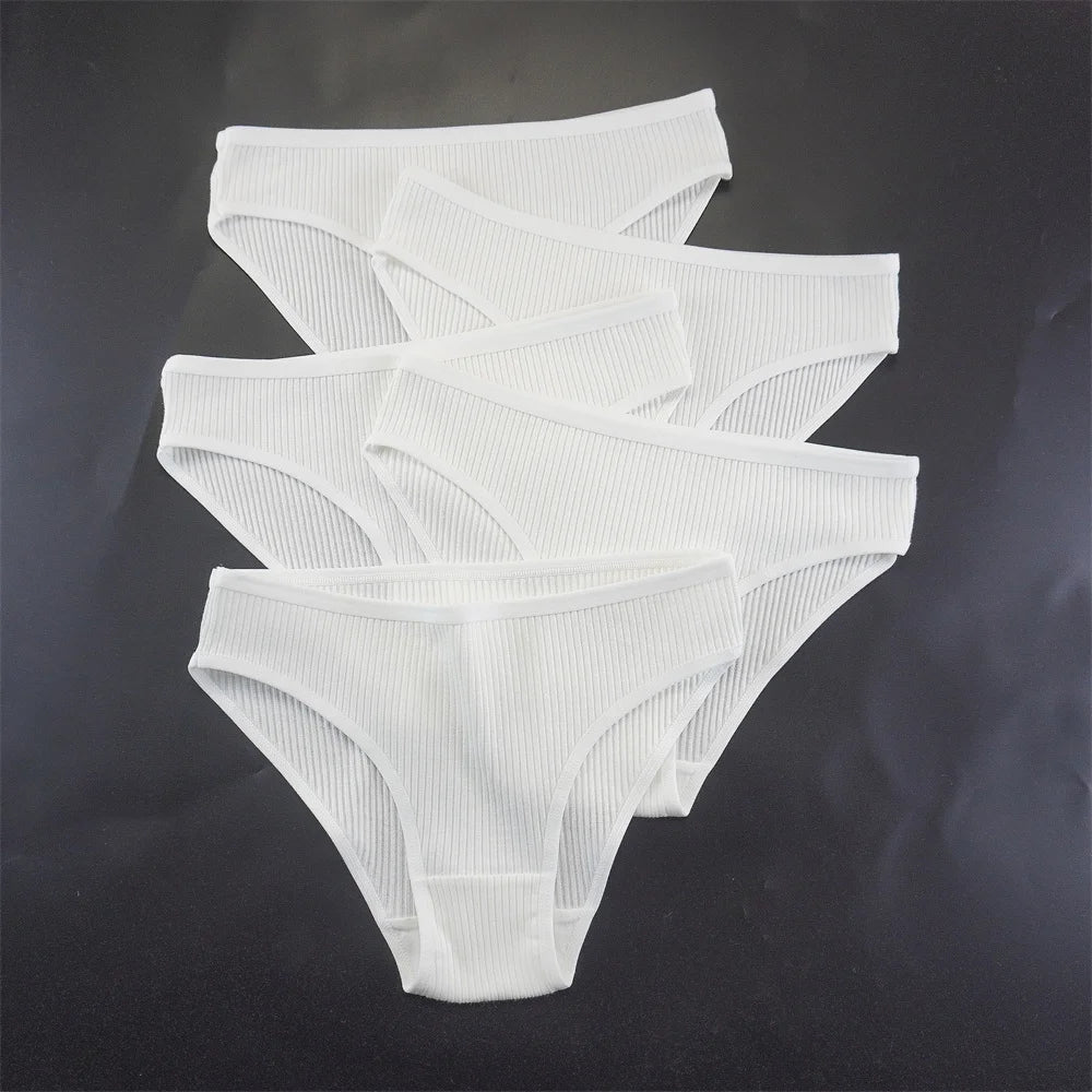 5Pcs White Ribbed Cotton Panties Women Breathable Low Rise Simple Panty Girls Bikini Briefs Sports Underwear