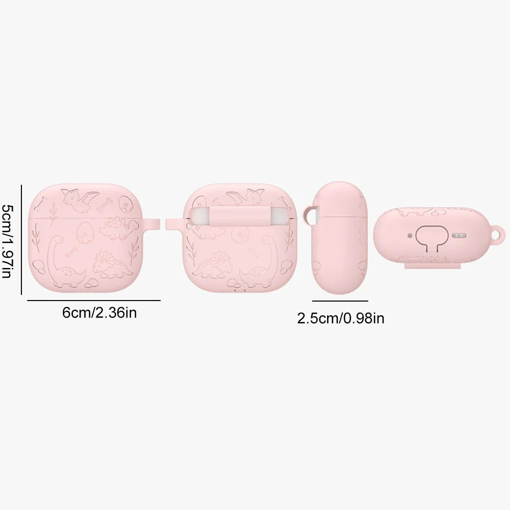 Silicone Case Protector with Carabiner Engraved Flower Dinosaur Case Soft Silicone Skin Protective Case for AirPods 4 Gen (2024)
