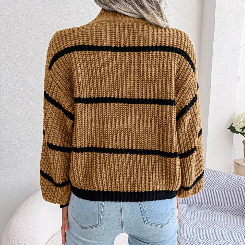 Autumn Winter Stripe Sweaters Pullovers Women New Solid Color Long Sleeved Jumpers Fashion High Neck Warm Pullover Knitwears Top