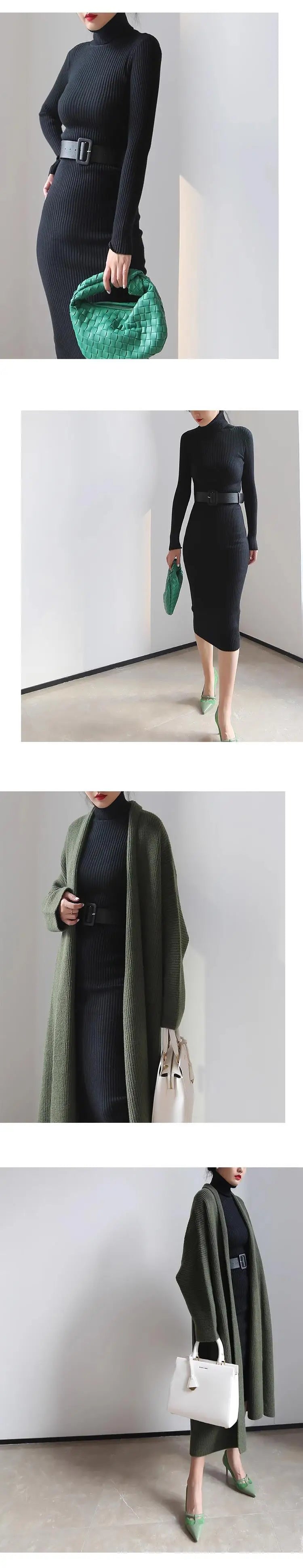 H Han Queen Knitted Turtleneck Sweater Bodycon Dress Bottoming Women Soft Elastic Autumn Winter Midi Party Dresses With Belt