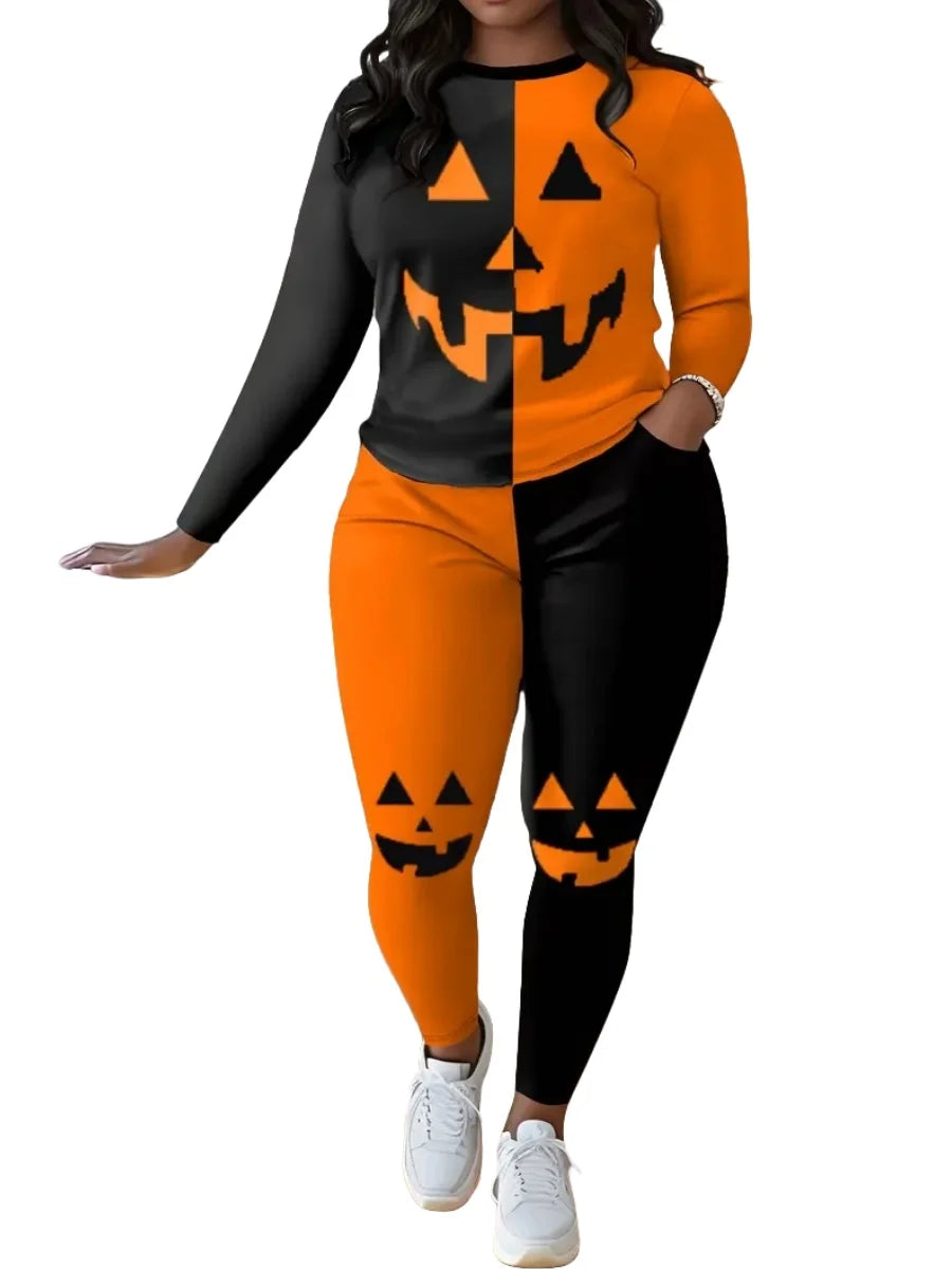 Plus Size Casual Women's Clothing, Fashionable Pumpkin Print Contrasting Color Two-Piece Set, Halloween Women's Suit