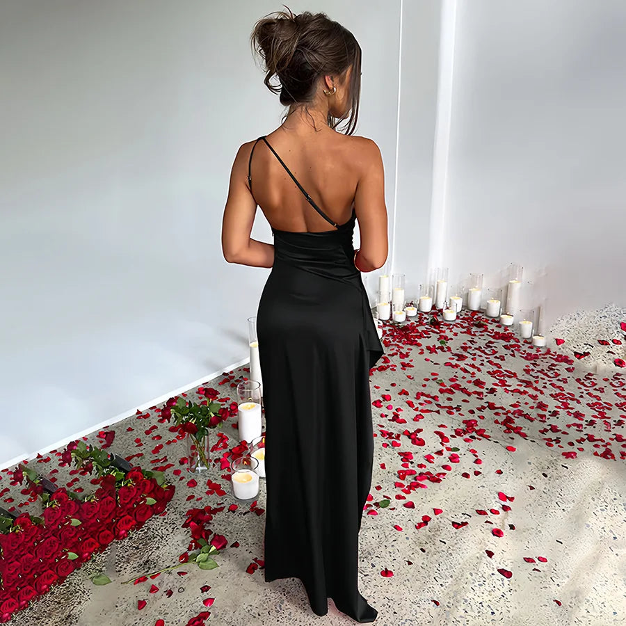 Summer Sexy One Shoulder Satin Long Dress For Women Sleeveless Backless High Split Party Evening Dresses Elegant Cocktail Dress