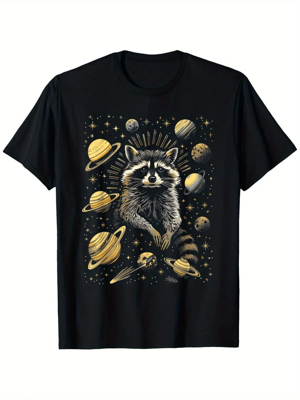 Men's 100% Cotton Raccoon Tarot Card T-Shirt - Cosmic Space Design for Raccoon Enthusiasts