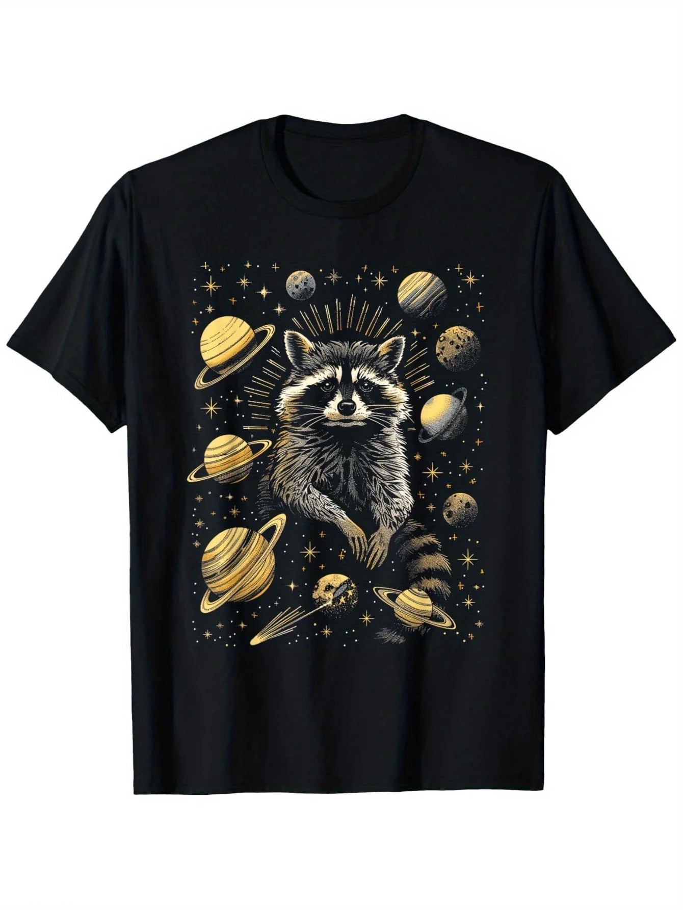 Men's 100% Cotton Raccoon Tarot Card T-Shirt - Cosmic Space Design for Raccoon Enthusiasts