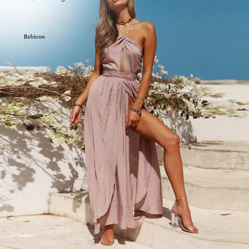 New Women Summer Boho Maxi Long Dress Evening Party Beach Dresses Sundress Backless Halter Dress Summer