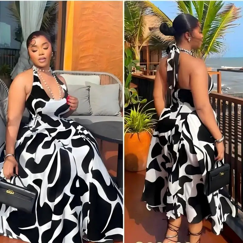 Fashion African Digital Printed Halter Neck Long Dresses European And American Ladies New Style Casual Zebra Print Sexy Dress
