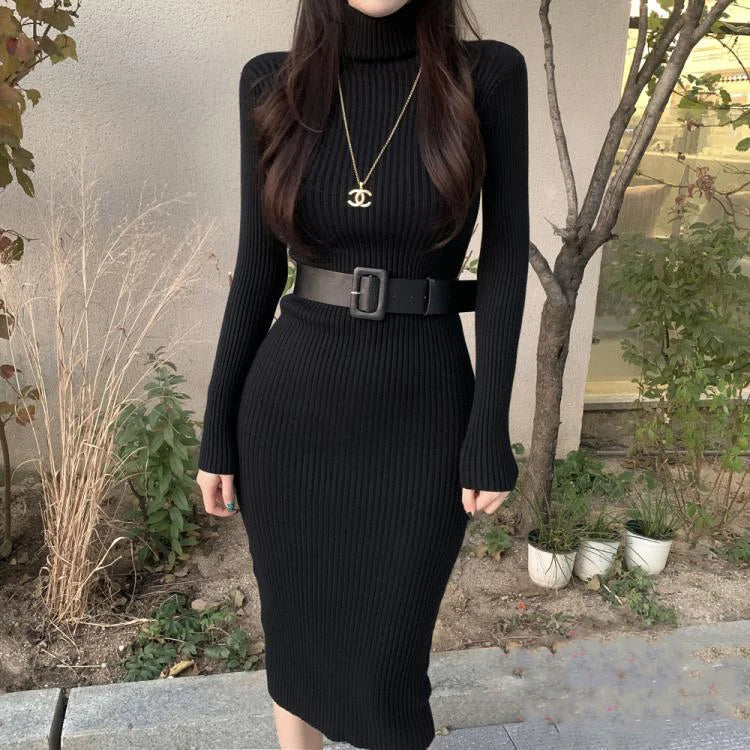 H Han Queen Knitted Turtleneck Sweater Bodycon Dress Bottoming Women Soft Elastic Autumn Winter Midi Party Dresses With Belt