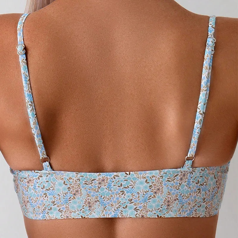 2025 New Floral Print Bikini Set Women's Light Blue Lace 2 Piece Swimsuit V-neck Suspender Backless Beach Vacation Bathing Suit