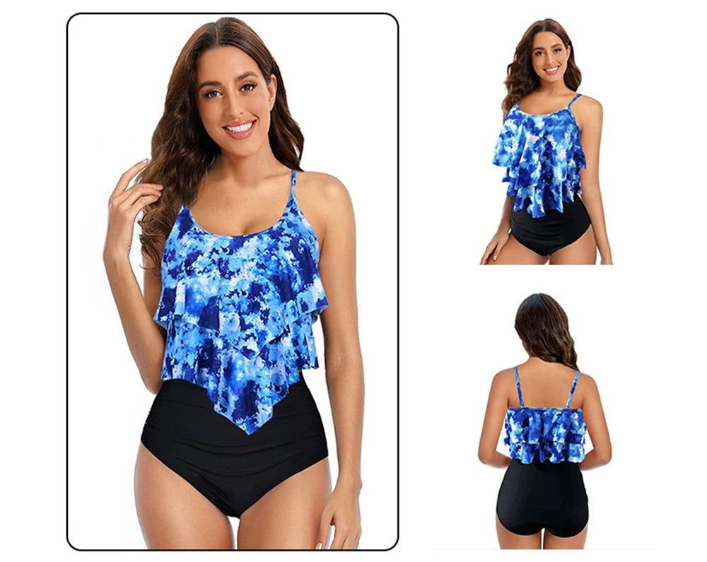 8 Colors Women Ruffled Tankini Set Padded Top With Adjustable Shoulder Straps Elastic Slim Knitted High Waisted Beachwear 2024