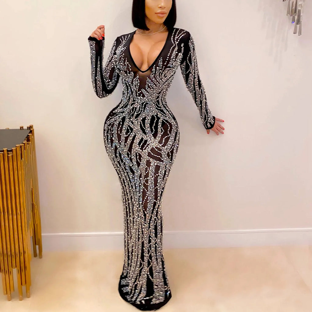 Beach Maxi Dress Slit Long High Women'S Rhinestone Mesh Neck V Sexy Sheer Dress Party Dress Sleeve Womens Coral Dress Casual