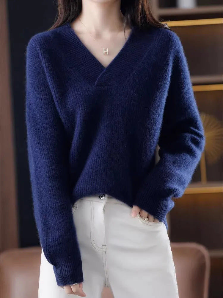 V-neck Basis Pullover Women's Solid Loose Knit Sweater Autumn Winter Jumpers Knitwear Soft Warm Chic Femme Sweater Casual Tops