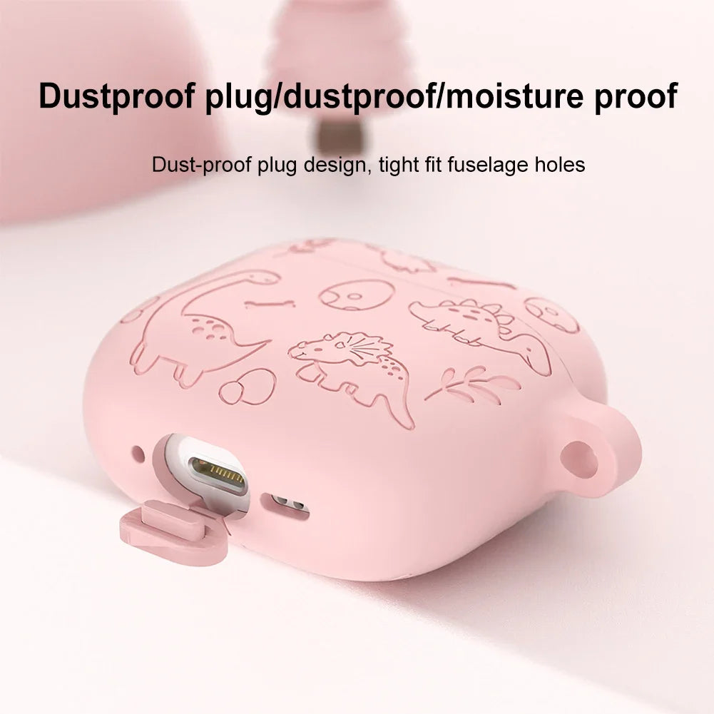 Silicone Case Protector with Carabiner Engraved Flower Dinosaur Case Soft Silicone Skin Protective Case for AirPods 4 Gen (2024)