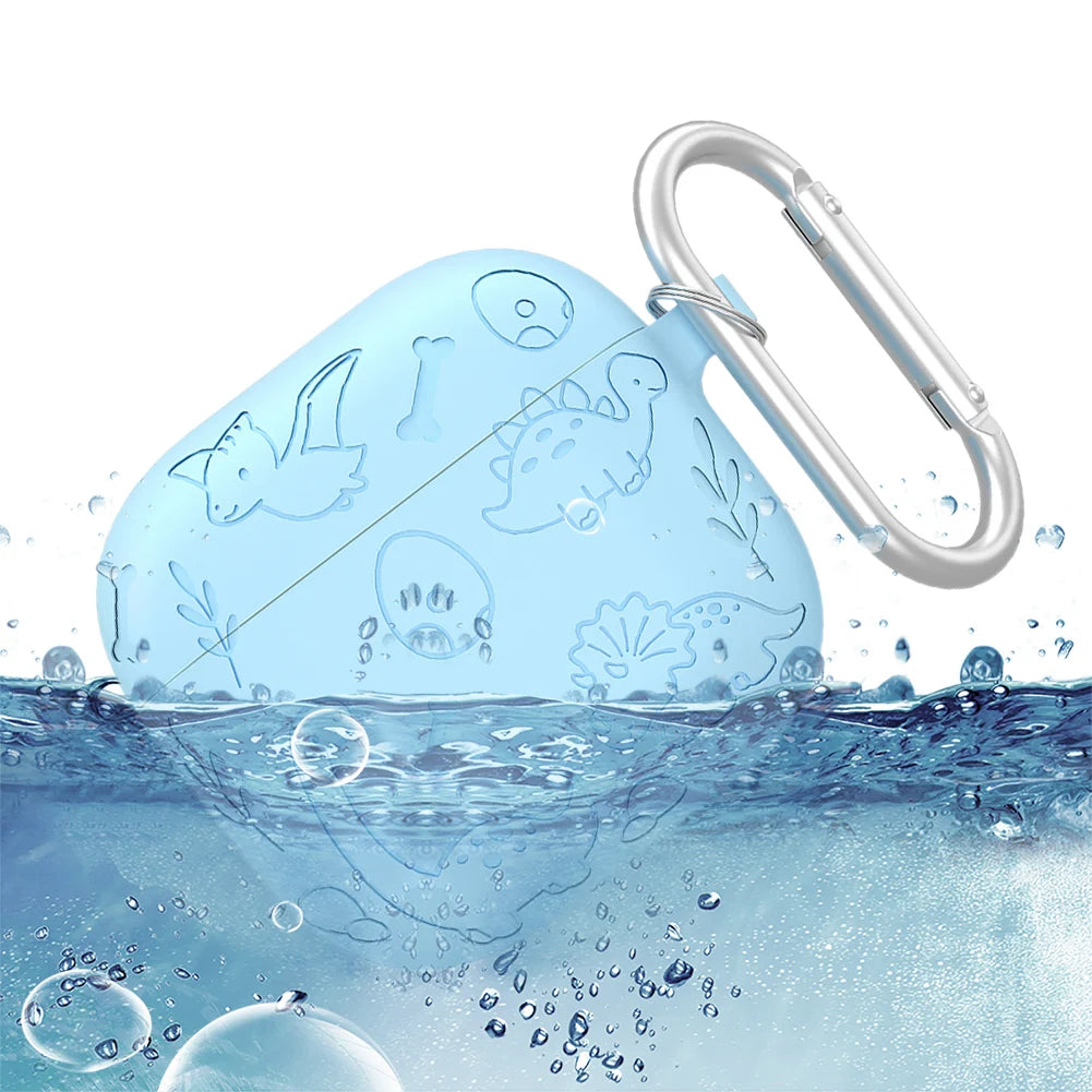 Silicone Case Protector with Carabiner Engraved Flower Dinosaur Case Soft Silicone Skin Protective Case for AirPods 4 Gen (2024)