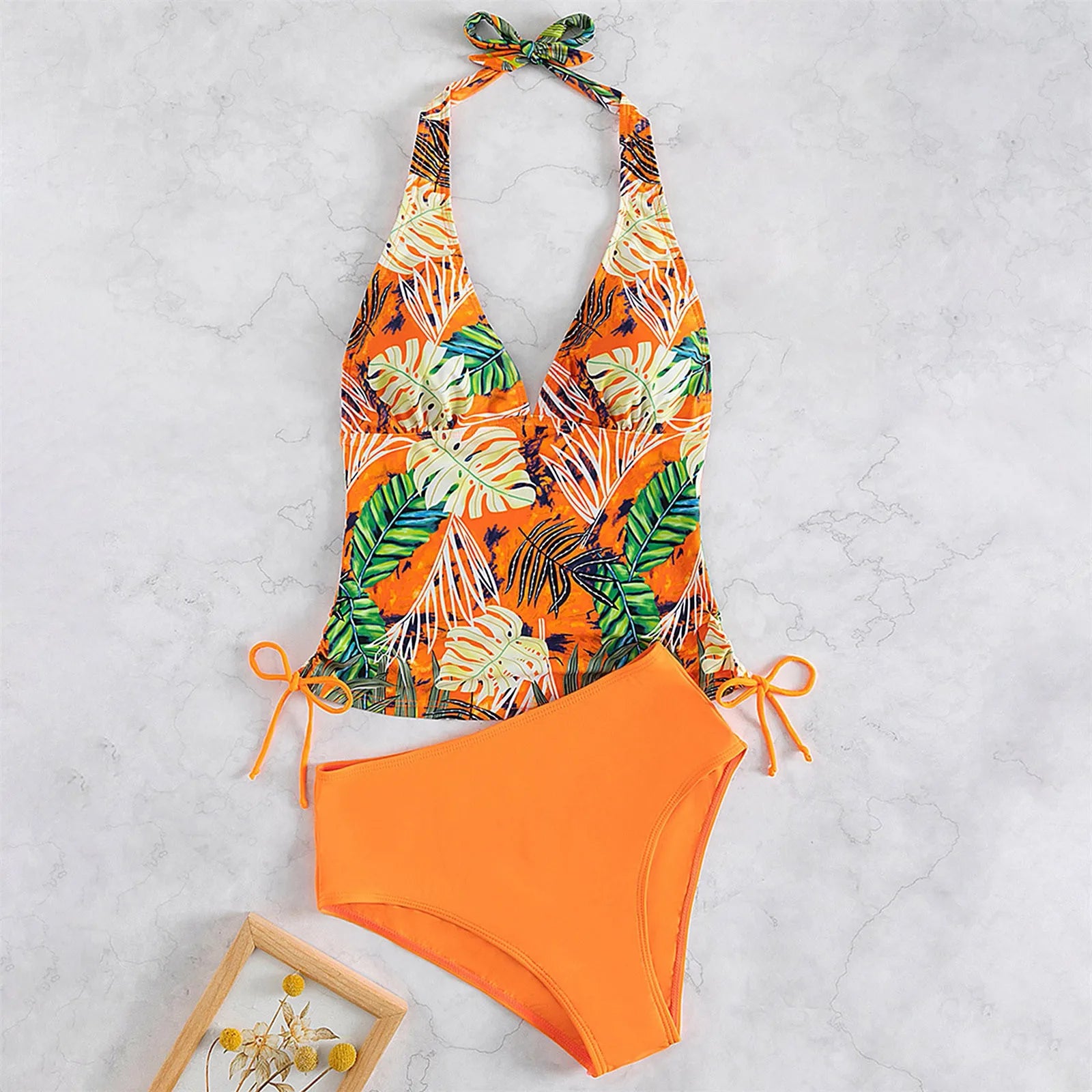 Sexy Halter Deep V Leaf Print Swimwear Ladies Large Size Covering Belly And Slimming Swimwear Triangle Solid Tie Split Swimsuit