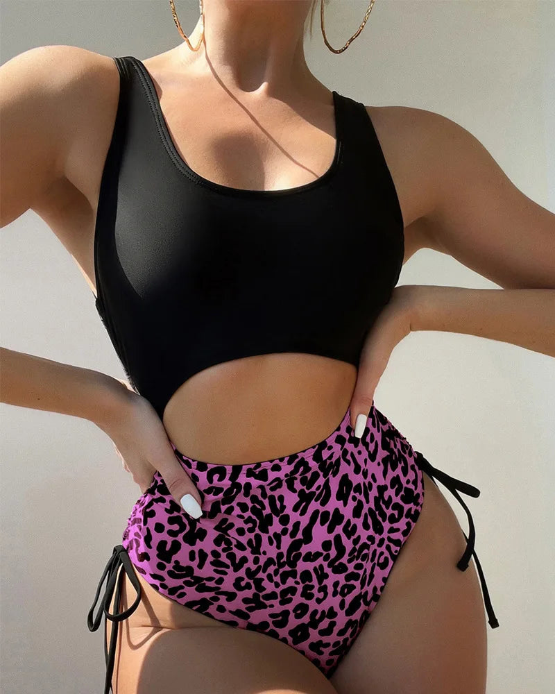 2024 Leopard Print Bikini High Waist One Piece Swimsuit for Women Sexy Hollow Out Swimwear Summer Beach Vacation Monokini New