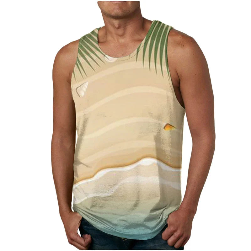 2024 New Summer Fashion Men's Sleeveless T-Shirt Classic Hawaiian Beach Coconut Print Men's Vest Extreme Sports Surf Vest
