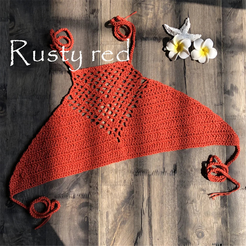 7 Colors Crochet Knitted Halter Bikini Top Female Swimsuit Women Swimwear Bather Bathing Suit Swim Hollow Out Beach Top V4192