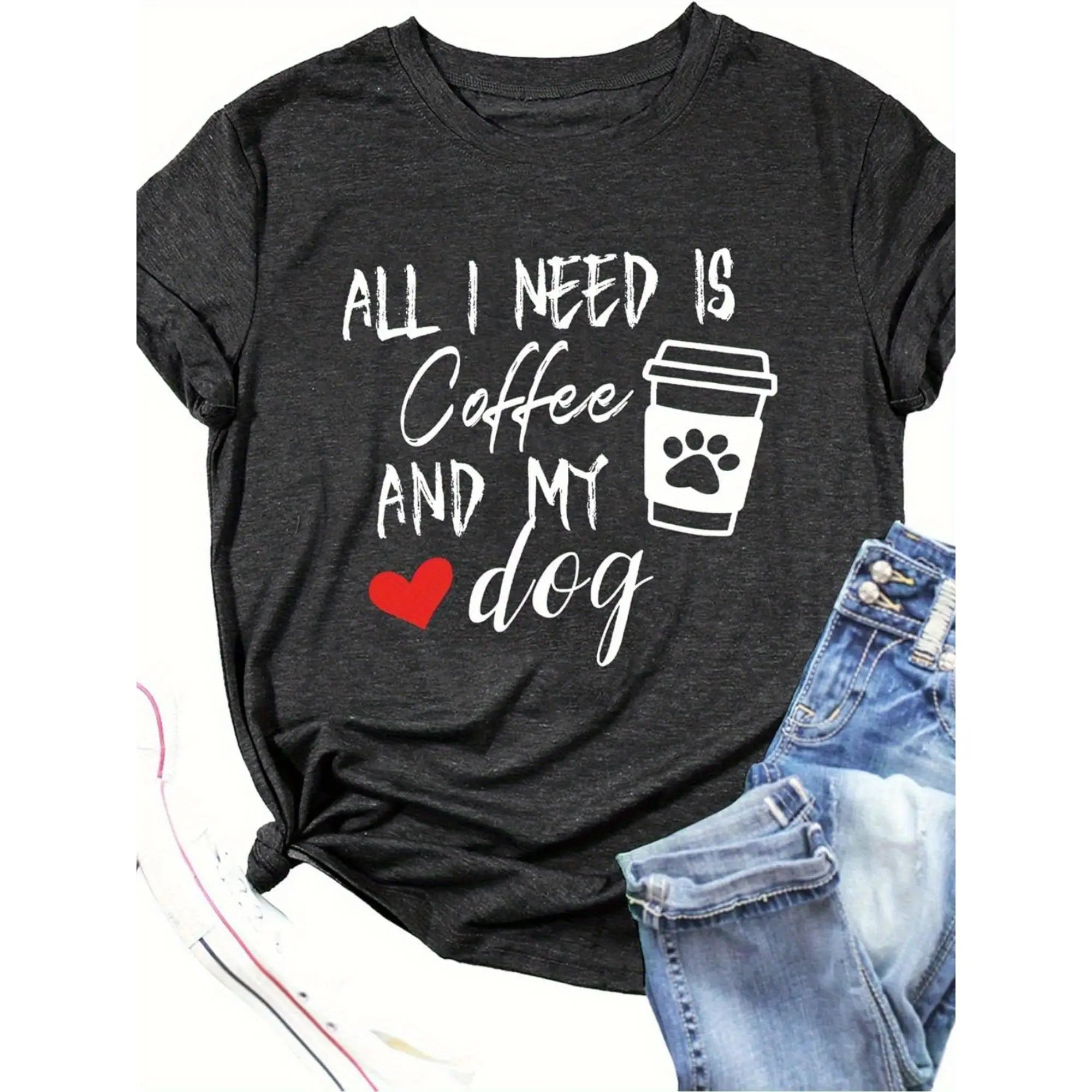 Funny Dog Mom T-Shirt - "All I Need is Coffee & My Dog" Graphic Tee with Red Heart & Paw Print - Women's Casual Short Sleeve