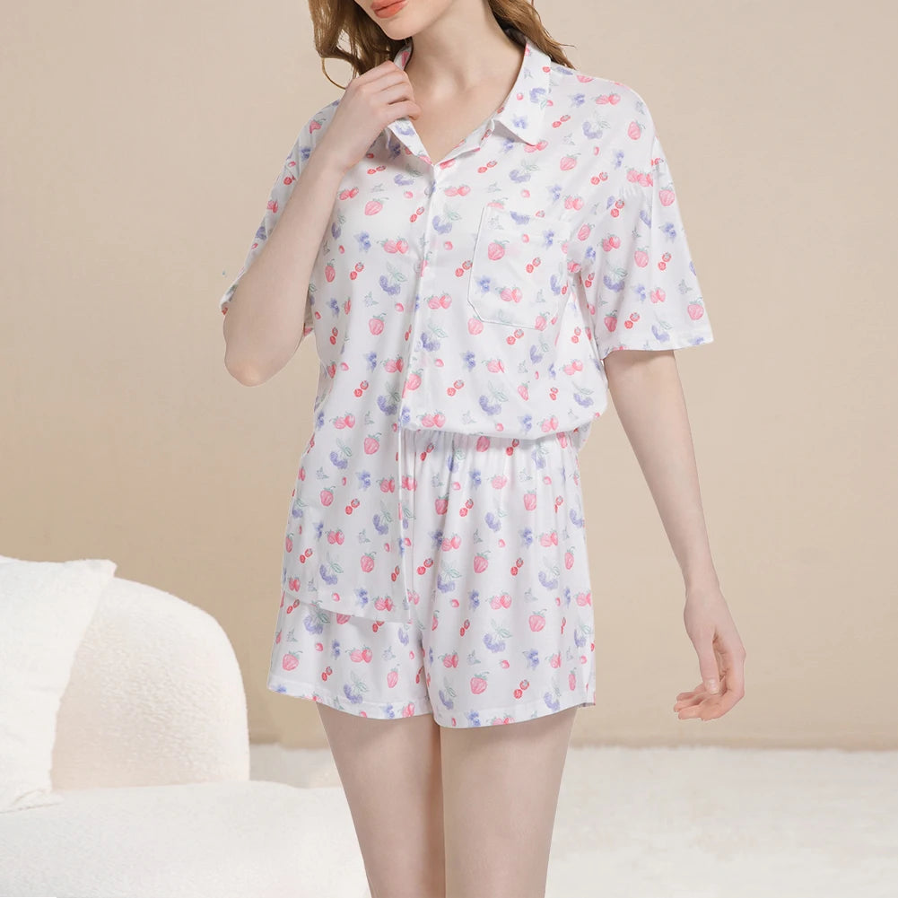 Women Fruit Print Pajamas Set Breathable Soft Loungewear Button Down Sleepwear Cute Pyjama Trousers Set for Loose Home Wear