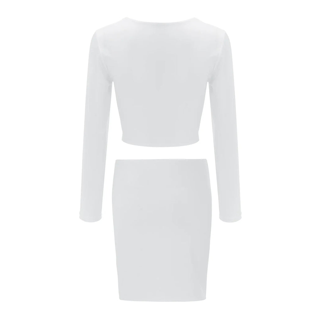 Sexy Elagant Solid Color Two Piece Set Women Long Sleeve Crop Top And Cutout Short Skirt Suits Spring Summer Party Club Outfits