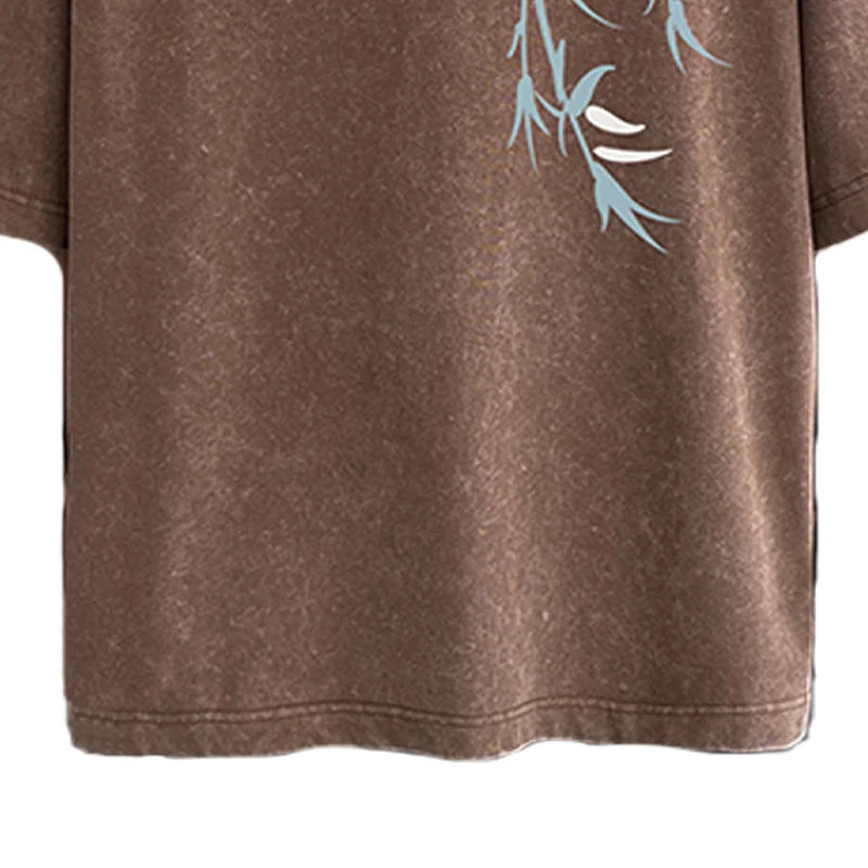 Bamboo Leaf Pattern Short Sleeve Heavy Fabric Acid Washed Men's T-shirt Men Woman Streetwear Oversized Loose Tops Summer Tees