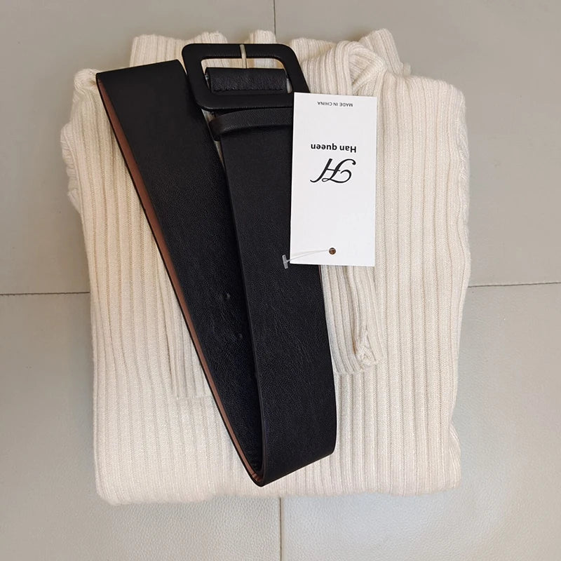 H Han Queen Knitted Turtleneck Sweater Bodycon Dress Bottoming Women Soft Elastic Autumn Winter Midi Party Dresses With Belt