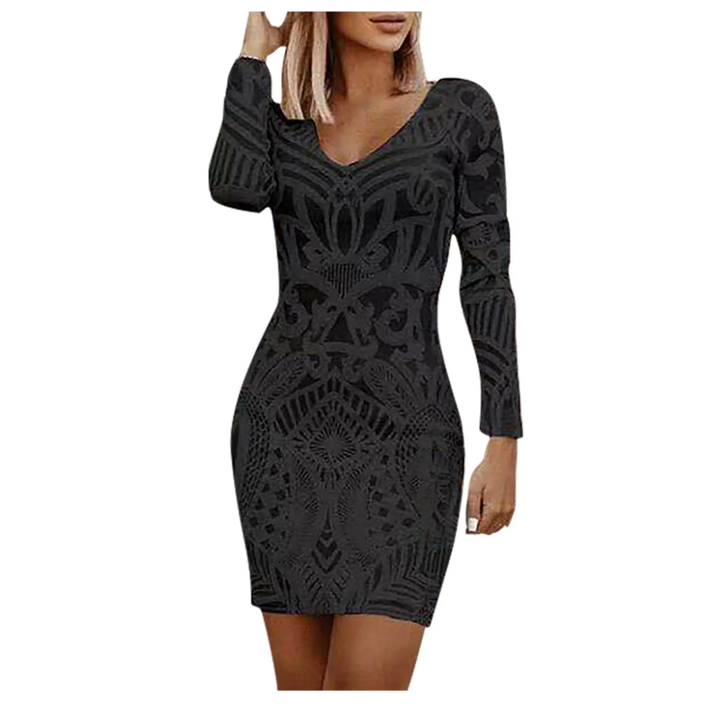 Women's Long Dresses V Neck Lace Slim Mini Dress Sexy Hips  Wrap Hollow Out Mini Dress Fashion Cocktail Banquet Party Dress