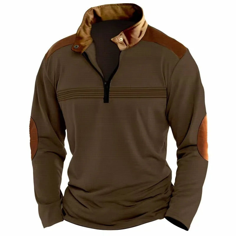 2025 Cross-border men's patchwork pullover zipper solid color POLO shirt zipper long-sleeved sports polo shirt crazy street casu