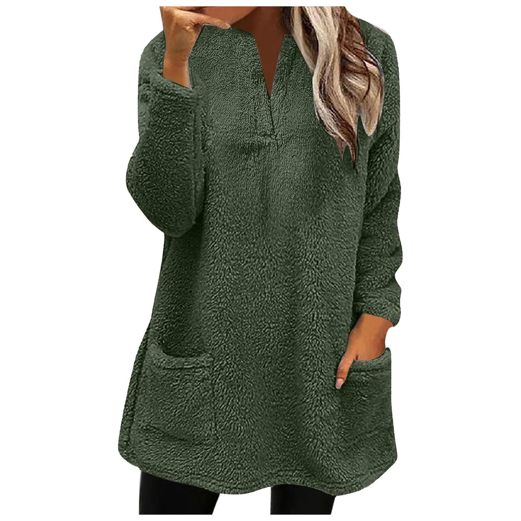 2024 New Women Long Sleeve Fleece Sweatshirts Double Pocket V Neck Pullover Tops Solid Color Plush Sweatshirt Female Outerwear