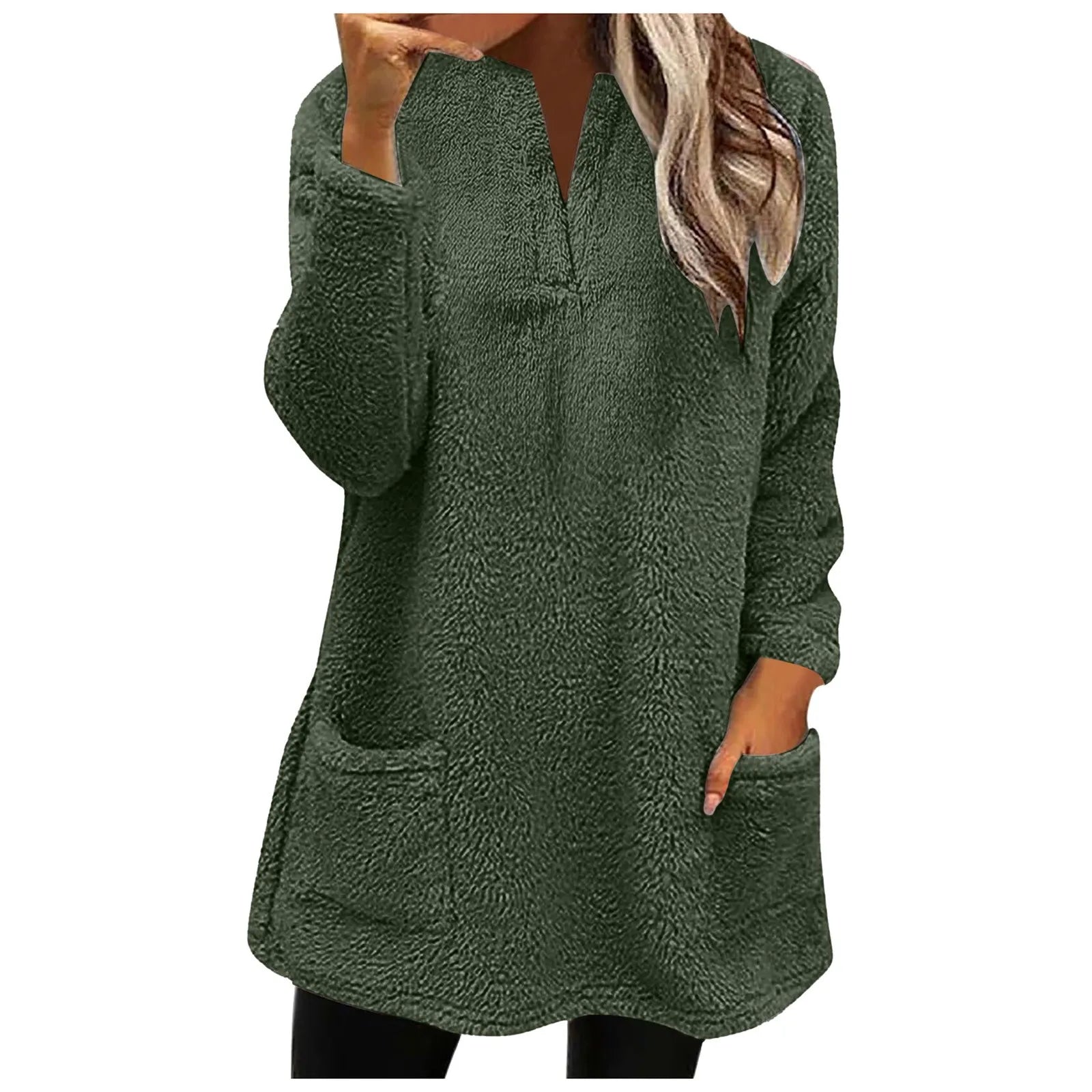 2024 New Women Long Sleeve Fleece Sweatshirts Double Pocket V Neck Pullover Tops Solid Color Plush Sweatshirt Female Outerwear