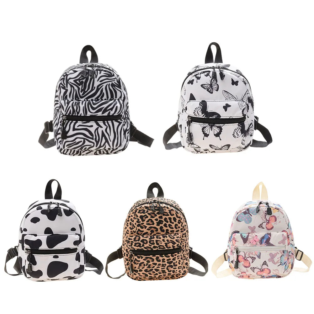 Women Zebra Leopard Cow Print Backpacks Nylon Shoulder Bag Students High School Small Book Bag Female Mini Rucksack mochila
