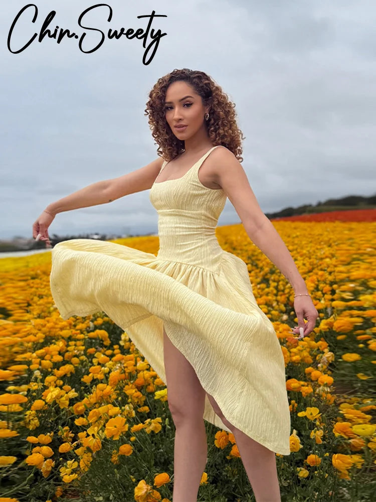 Elegant Pleated Long Dress Women Slim Square Neck Backless Sleeveless Female Sling Dresses 2025 Summer Lady Solid A-line Robe