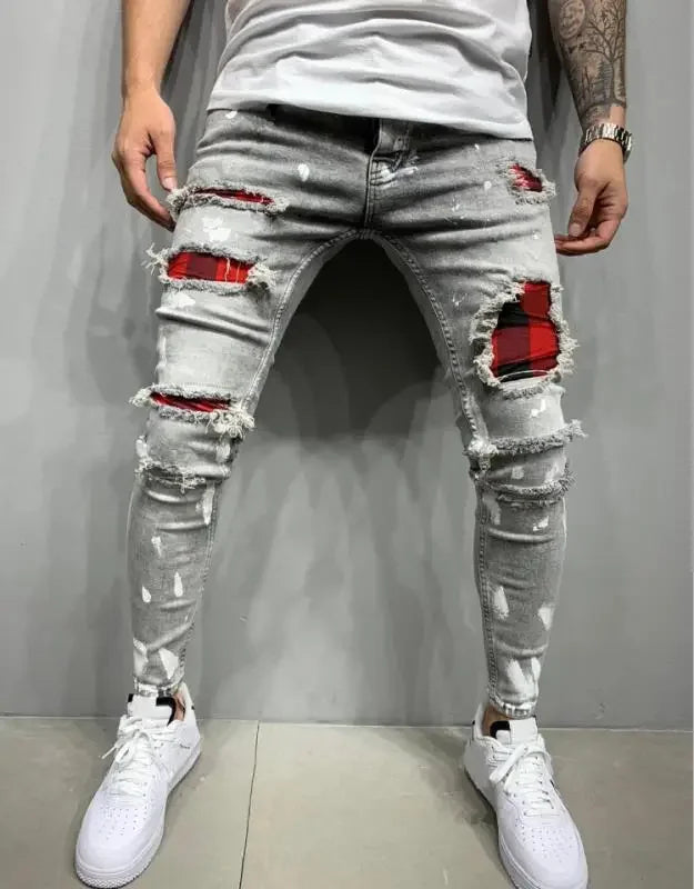2025 Jeans Pencil Pants Holes Distressed Men Streetwear Denims Patchwork Mid Waist Slim Fit Washed Denim Ankle Length Trousers