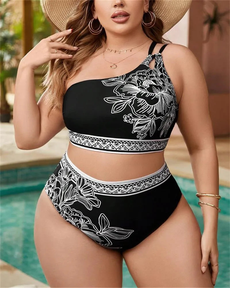 2025 Print One-shoulder Two Piece Plus Size Bikini Women High Waist Large Swimsuit Lady Chubby Swimwear Beach Curvy Bathing Suit