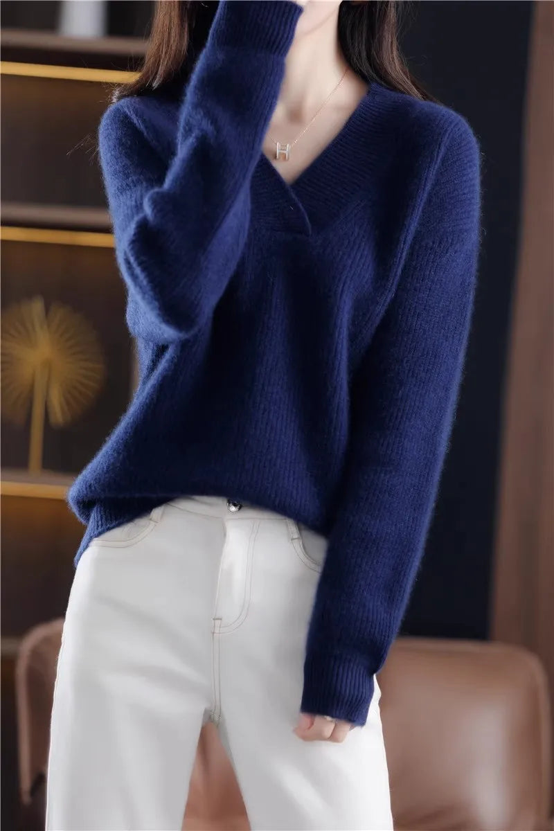 V-neck Basis Pullover Women's Solid Loose Knit Sweater Autumn Winter Jumpers Knitwear Soft Warm Chic Femme Sweater Casual Tops